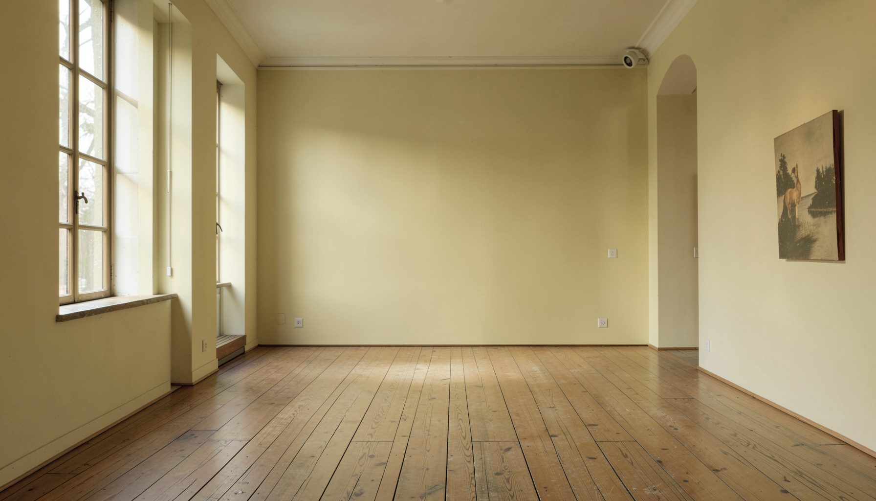 Warm cream and olive tones wash over a softly lit interior gallery space with tall windows and quiet wooden floors