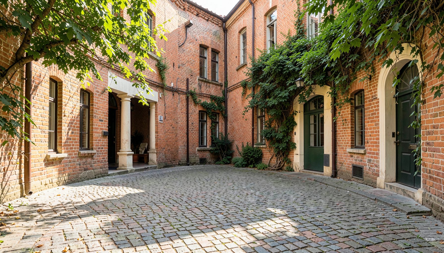 A sunlit cobblestone courtyard framed by historic brick buildings in warm terracotta and cream tones, with leafy green foliage