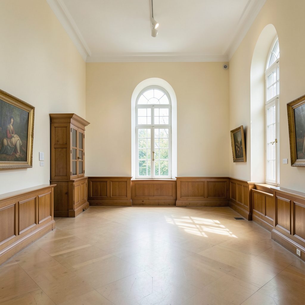 A quiet museum gallery with cream walls, warm wood accents, and soft natural light filtering through tall arched windows