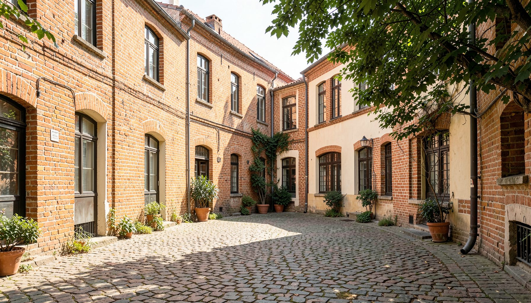 A sunlit cobblestone courtyard framed by historic brick buildings in warm terracotta and cream tones, with leafy green foliage.