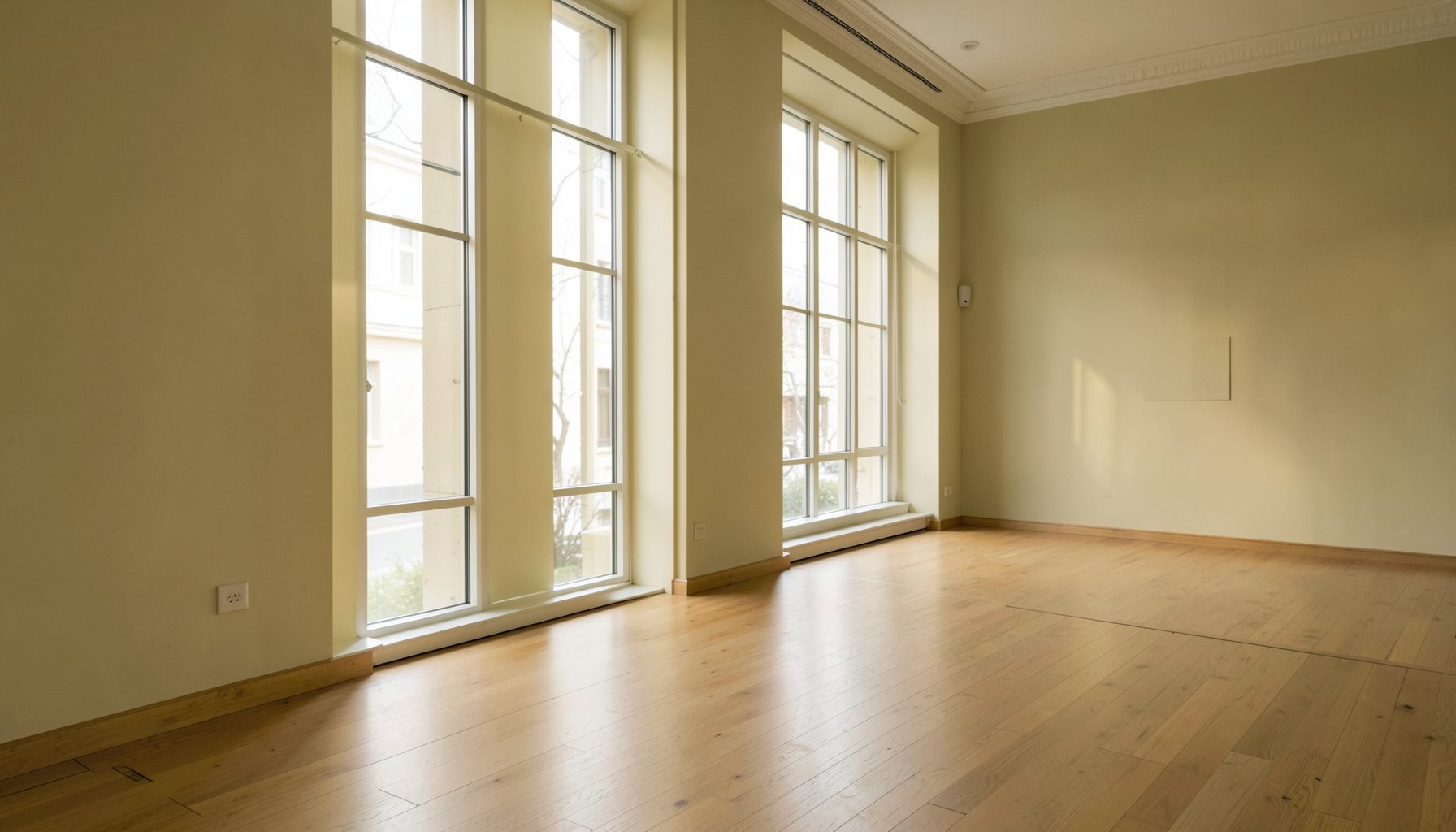 Warm cream and olive tones wash over a softly lit interior gallery space with tall windows and quiet wooden floors, evoking a cultural institution.